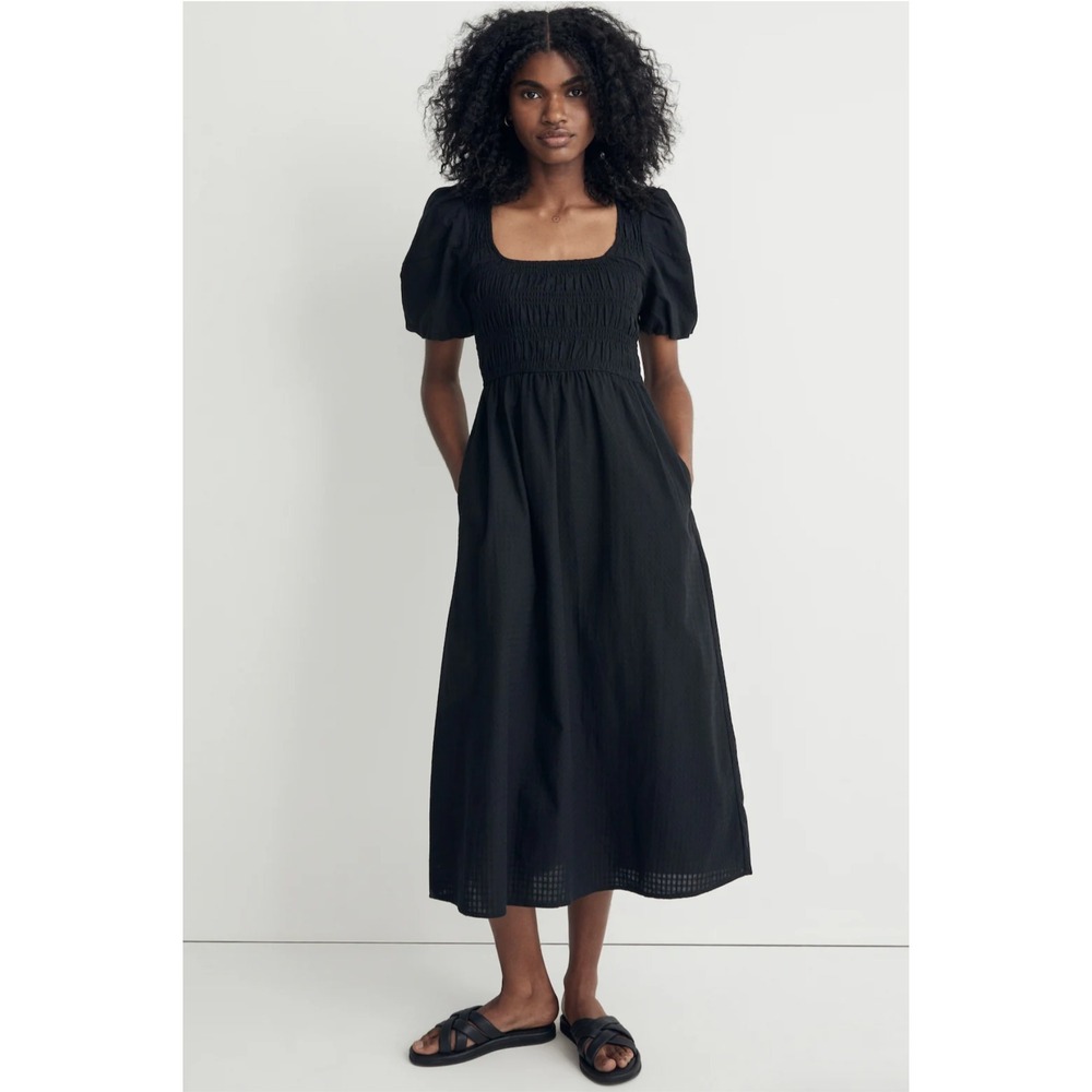Madewell Lucie Puff Sleeve Midi Dress Women 16 Black Smocked Cotton Boho Pockets